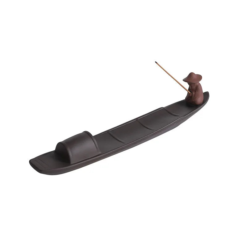 1pc Incense Stick Holder, Zen Meditation Purple Clay Fisherman Fishing Incense Stick Holder Home Decor (Without Incense)