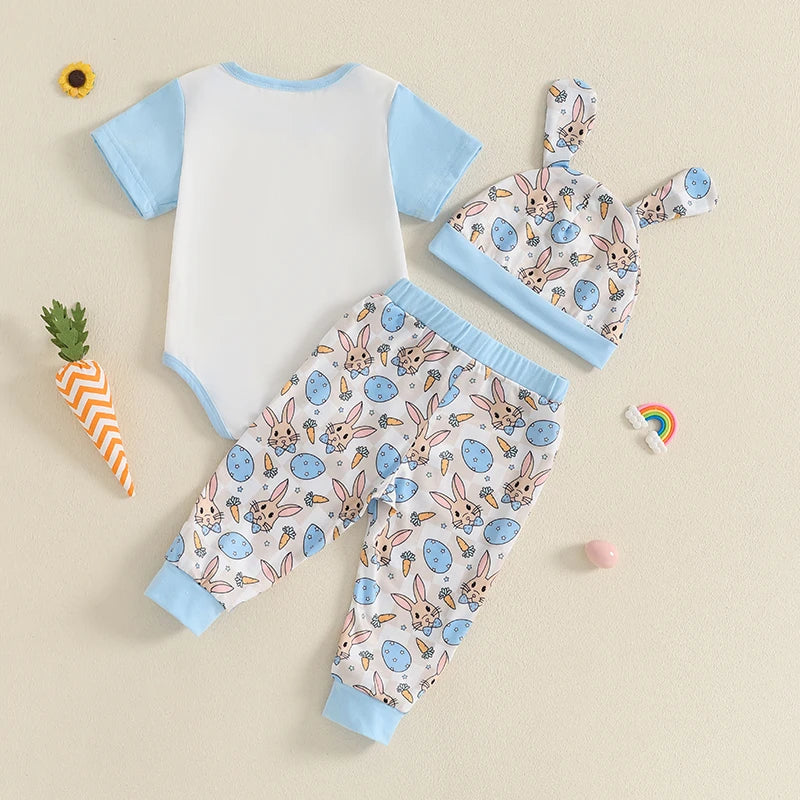 0-18M Baby Boy 3PCS Easter Outfits Short Sleeve Letter Romper with Bunny Egg Pattern Pants and Hat Newborn Sets