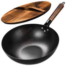 Wok-Pfanne aus Karbonstahl 32cm, Bratpfanne mit Holzdeckel, unbeschichtet, flacher Boden, chinesische Pfanne für Induktion, Elektro, Gas, alle Herdarten