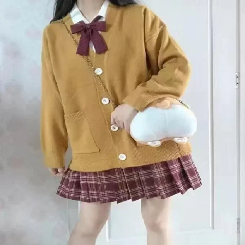 College Sweater Outerwear Cardigan JK Uniform Autumn Winter Japanese Solid V-neck Button Pocket Loose Thin Long Sleeved Knit Top