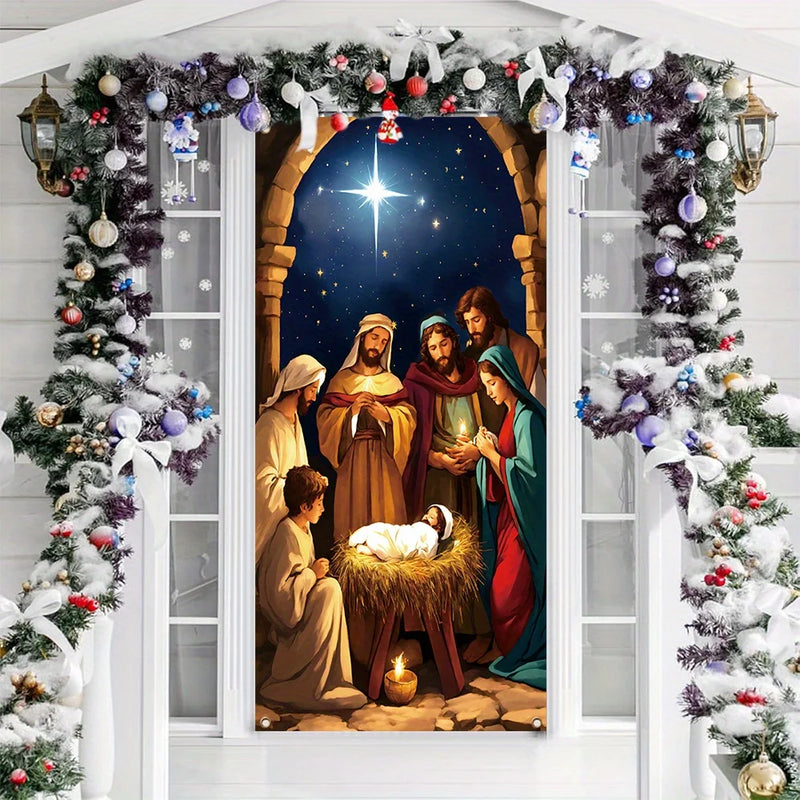 Merry Christmas banner with Shining stars Nativity scene - durable polyester, front door decoration and New Year celebration