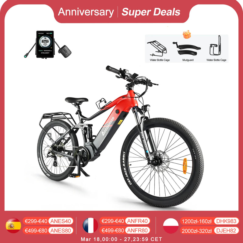 Accolmile Electric Mountain Bike Powerful eMTB 48V 750W Bafang Mid Motor With Intube 20Ah Battery With shelves Max Speed 60KM/H