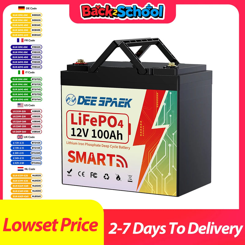 12V 100AH LiFePO4 Battery Pack BMS 100A For Solar Boat RV Camping Solar Trolling Motor Bluetooth Lithium Iron Phosphate Batteria