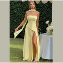 The Aurelian | Butter Yellow Mesh Strapless Pleated Evening Gown