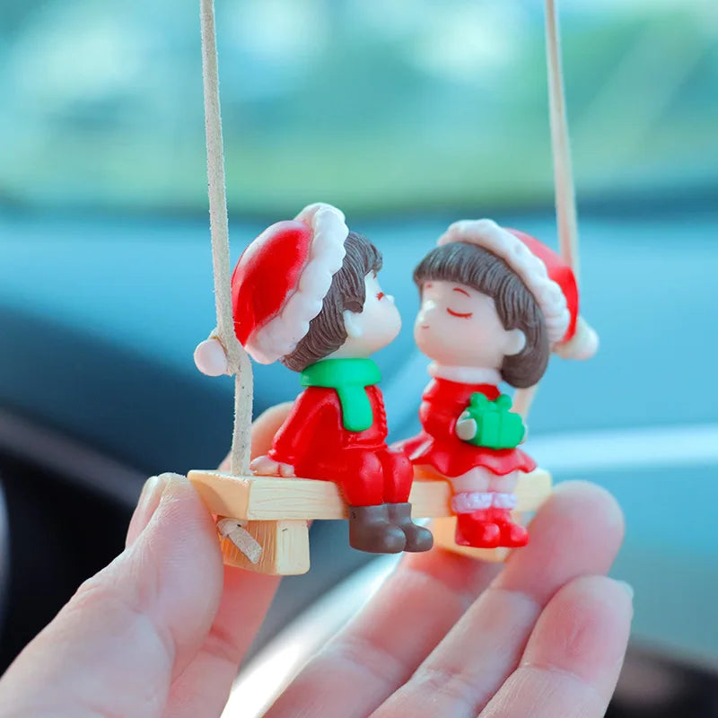 Resin Cartoon Couple Doll Car Accessories Santa Claus Snowman Doll Car Rearview Mirror Pendant Christmas Tree Gift Decoration