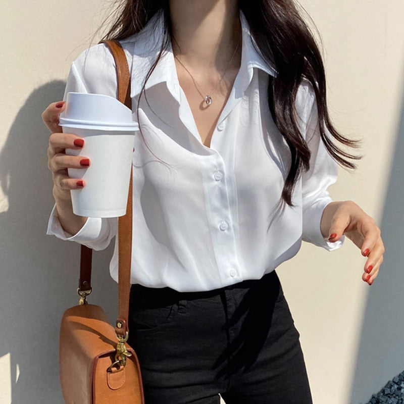 New Women Shirt Classic Chiffon Blouse Female S-4XL Office Lady Loose Long Sleeve Shirt Simple Style Tops Clothes Blusas 6830