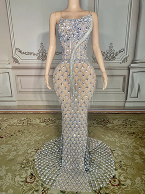 Charmantes, helles Kristallkleid, sexy luxuriöses Perlen-Strass-Tüll-Abendkleid, Ballkleid, Partykleid, edles Hochzeitskleid
