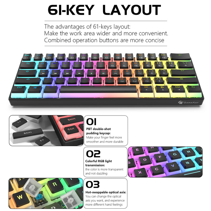 GamaKay MK61 60% Wired RGB Mechanical Keyboard Gateron Optical Switch Pudding Keycaps 61 Keys Hot Swappable Gaming Keyboard