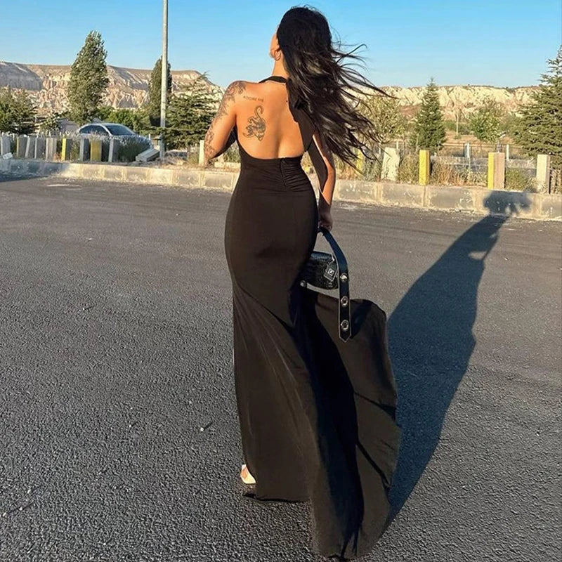 Sexy Black Maxi Dress Women Summer New Backless Sleeveless Halter Split Dress Simple Solid Fashion Clubwear Elegant Party Dress