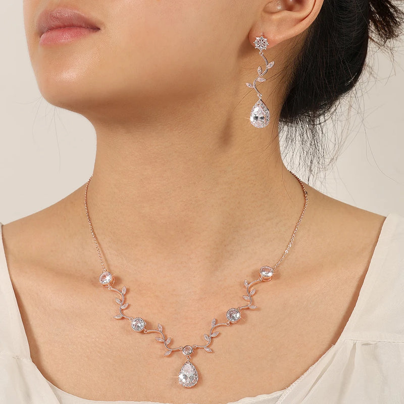 Uilz Exquisite Leaf Dangle Earring Jewelry Set for Women Wedding Accessories Zircon Drop Earrings Necklace Sets Bride Gift