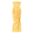 The Aurelian | Butter Yellow Mesh Strapless Pleated Evening Gown