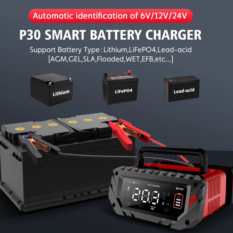 12V 30A/26A/20A Smart Car Battery Charger LCD 6V-12V-24V for Motorcycle Trickle Lithium LiFePO4 Lead-acid AGM Battery Repair