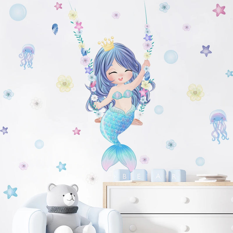 Cute Cartoon Mermaid Swinging Jellyfish Wall Stickers for Baby Girls Room Kids Room Wall Decals Nursery Living Room Decor