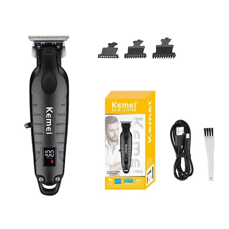 Kemei KM-2293 DLC T-Blade Professional Finishing Machine Zero Gapped Clipper USB LED Display Full Metal Hair Trimmer Machine