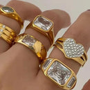 Luxury Fashion Stainless Steel Crystal Rings For Women Vintage Green Cubic Zircon Rhinestone Ring Party Statement Rings Jewelry