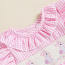 0-18M Baby Girl Easter Romper Short Sleeve Ruffle Collar Bunny Embroidery Smocked Bodysuit Newborn Outfit