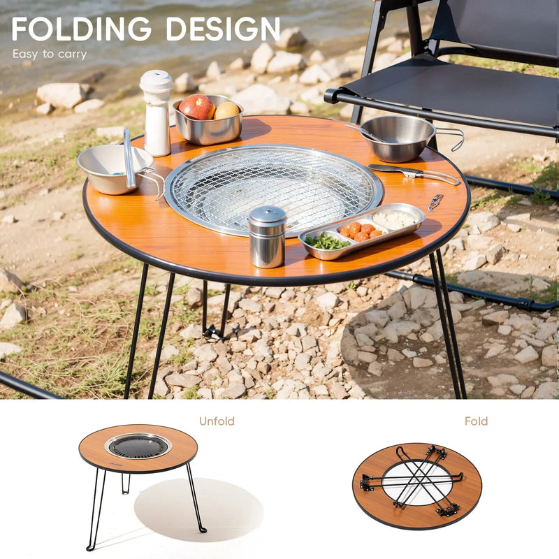 BISINNA Folding Barbecue Round Table Stove Portable Camping BBQ Charcoal Grill With Storage Bag Patio Tea Boiling