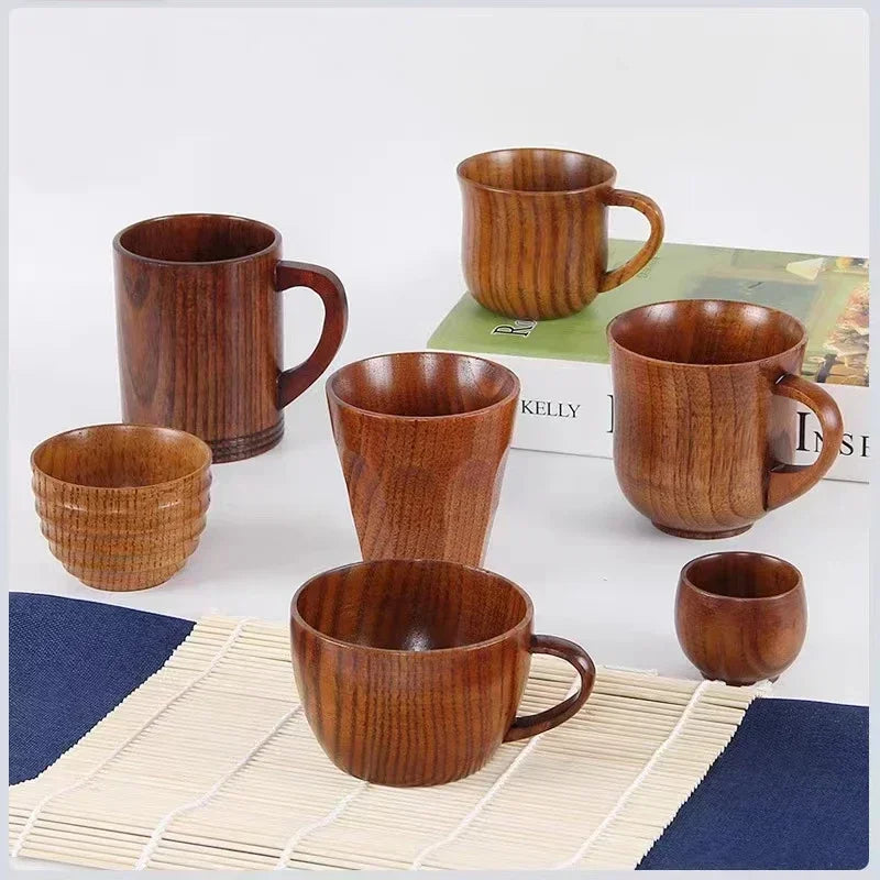 Handmade Natural Wooden Big Belly Cups Japan Style Milk Water Cup with Handle Coffee Beer Tea Mug Kitchen Bar Drinkware Mugs