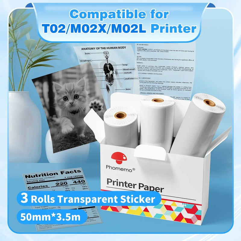 3 Rolls Phomemo White Sticker Paper Thermal Label for T02 M02L Portabal Mini Printer Keep for 10 Years Sticky Paper 50mm/53mm