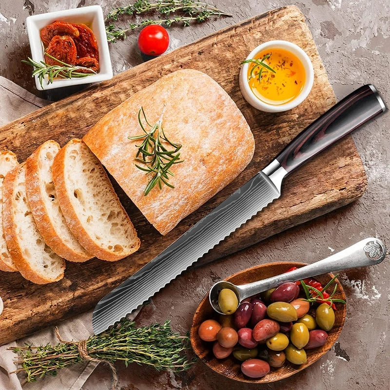 8 Inches Bread Knife Chef Cut Meat Cheese Toast Fish Fruit Knife Laser Damascus Knives Wooden Handle Professional Kitchen Knives