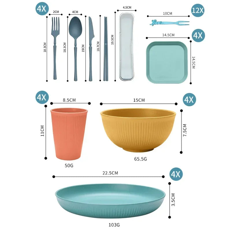 48pcs Plate Sets Wheat Straw Eco-Friendly Ramen Bowl Tableware Dinner Dishes Set Camping Tableware Set With Knife Fork Spoon