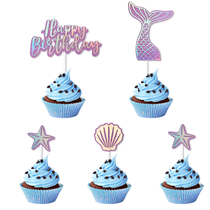 Mermaid Birthday Party Decor Glitter Mermaid Tail Sea Shells Starfish Cake Topper Baby Shower Girls 1st 2th Birthday party decor