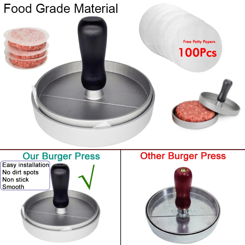 Food Grade Burger Press Patty Maker Aluminium Hamburger Mold Non-Stick with 100 Patty Papers