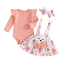 Adorable Baby Girl Easter Outfits with Bunny Embroidery Long Sleeve Romper Suspender Skirt and Headband - 3 Piece Set for