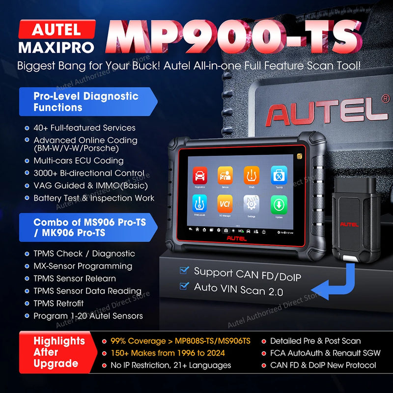 2025 Autel MaxiPRO MP900TS Scanner TPMS Diagnostic Tool ECU Coding, Active Test, 40+ Services, CAN FD&DOIP Upgraded of MK808S-TS