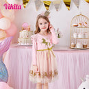 VIKITA Girl Unicorn Dresses Autumn Long Sleeve Sequins Vestidos Christmas Birthday Party Mesh Princess Dress Children Clothing