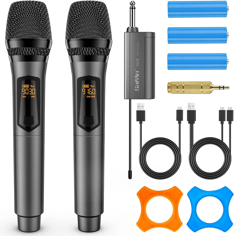 Saiyin Rechargeable Wireless Microphone, Uhf Dual Handheld Dynamic Microphone Karaoke System, with Rechargeable Microphone and Receiver, 200 Ruler Range, 1/4''&1/8'' Output, for Amplifier, Amplifier System