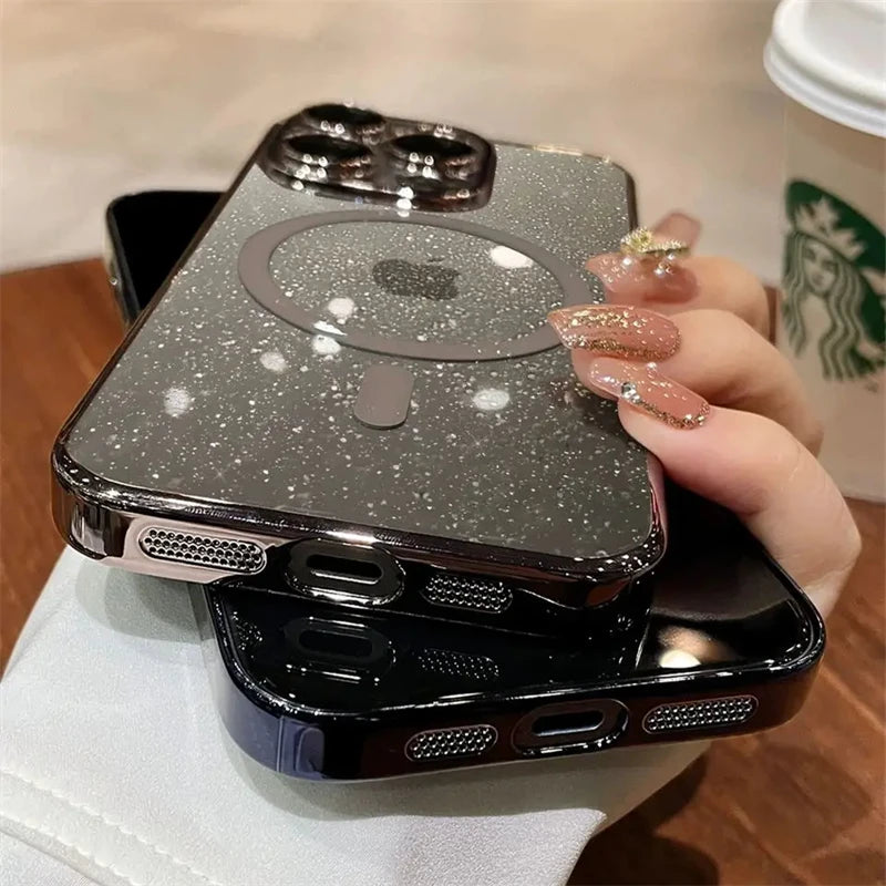 Luxury Plating For Magsafe Magnetic Wireless Charge Case For iPhone 15 14 Plus 13 12 Pro Max 11 Clear Glitter Hard PC Thin Cover