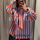 KONDALA Women Casual Trendy Striped Bow Shirt Single Breasted Shirt Fashion 2026 Spring Summer Holiday High Street Lady Shirt