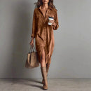 Retro Chic Women Midi Dress Corduroy Fabric Lapel Collar Popular Button Front Loose Fit Long Sleeve Comfy Casual Daily Outfit