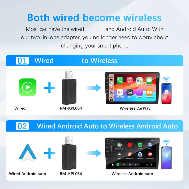 2 in 1 Wireless Carplay Android Auto Adapter Wired To Wireless Mini USB Dongle for Cars with Factory Wired CarPlay Android Auto