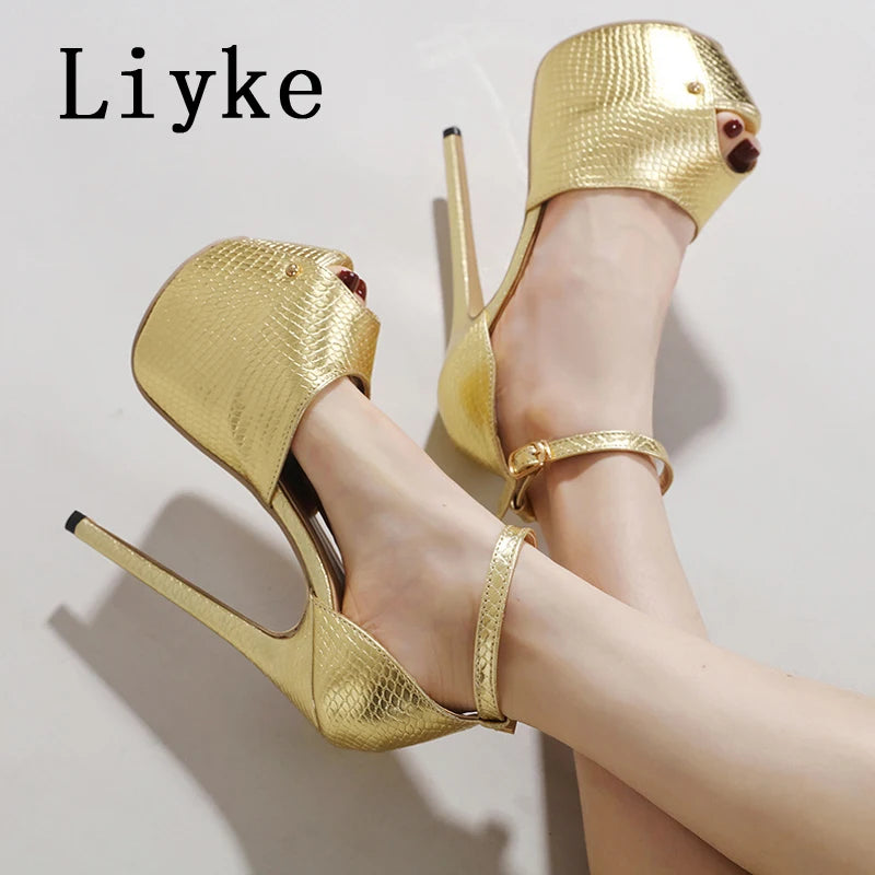 Liyke Elegant Women Wedding Party Prom Shoes Sexy Gold Snake Print Leather Peep Toe Platform High Heels Pumps Sandals Size 35-42