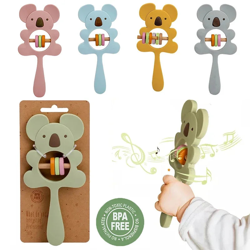 1PC Silicone Teether Koala Elephant Handbells Rattles BPA Free Rodents Teething Necklace Food Grade Infant Chewable Baby Toys