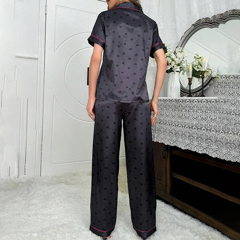 Women's Sleepwear Home Suit Heart Print Pajamas Short Sleeve Buttons Top & Elastic Waistband Pants Pyjama 2 Piece Set Loungewear