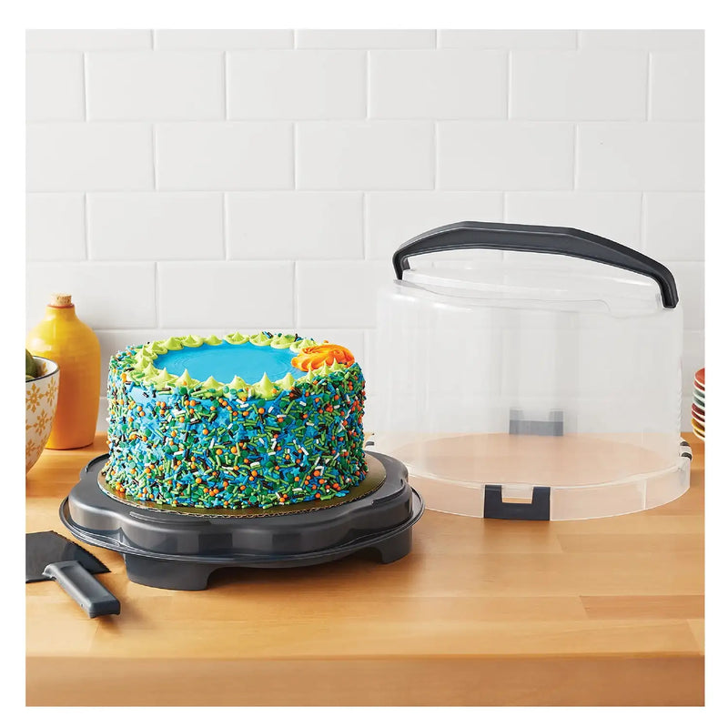 Round Plastic Cake and Cupcake Holder with Gray Handle, Clasp and Base (1 of Each), Includes Slicing and Serving Utensil