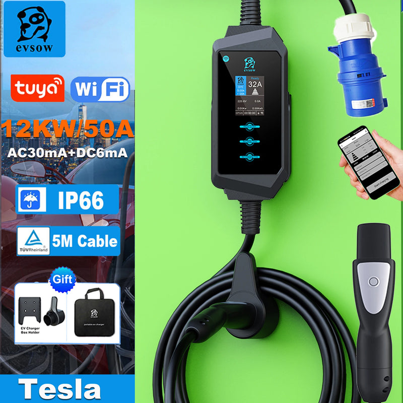 evsow Tesla EV Charger 12KW 50A SNACS Fast Charging Charger With WIFI APP Control EVSE Portable Electric Car Charger Station 5M