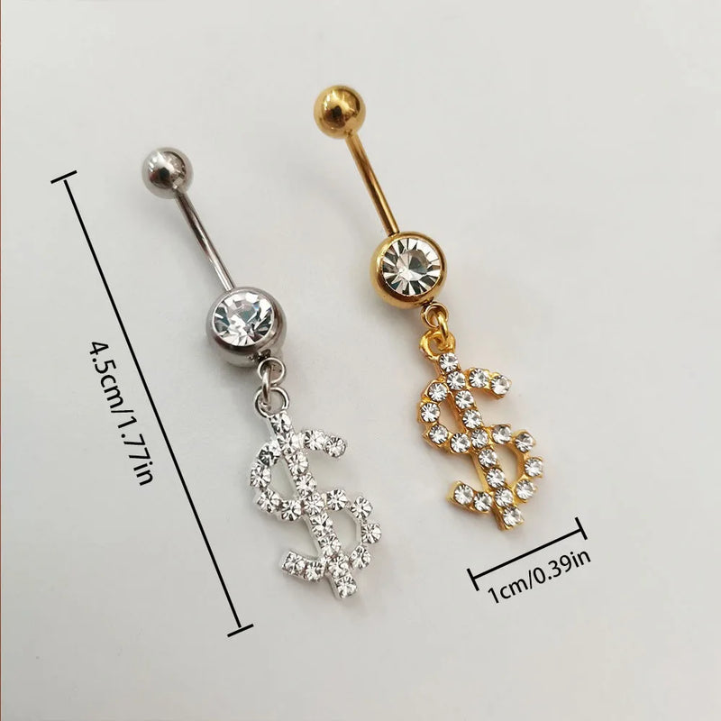 Hip Hop Dollar Belly Button Nail Rings Stainless Steel Anti Allergy Punk Rhinestone Dangle Belly Piercing Jewelry For Women Gift