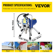 VEVOR Airless Spraying Machine Professional Ultra Silent Wall Paint Spray Gun 3000PSI-Pressure 2L/Minute-NoLoad Displacement