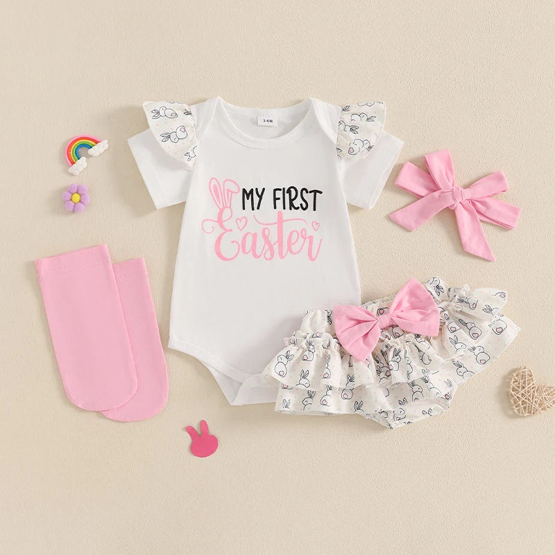Adorable Baby Easter Outfit with Bunny Print Romper Ruffled Shorts Headband and Long Socks - 4 Piece Set for Your Little Girl