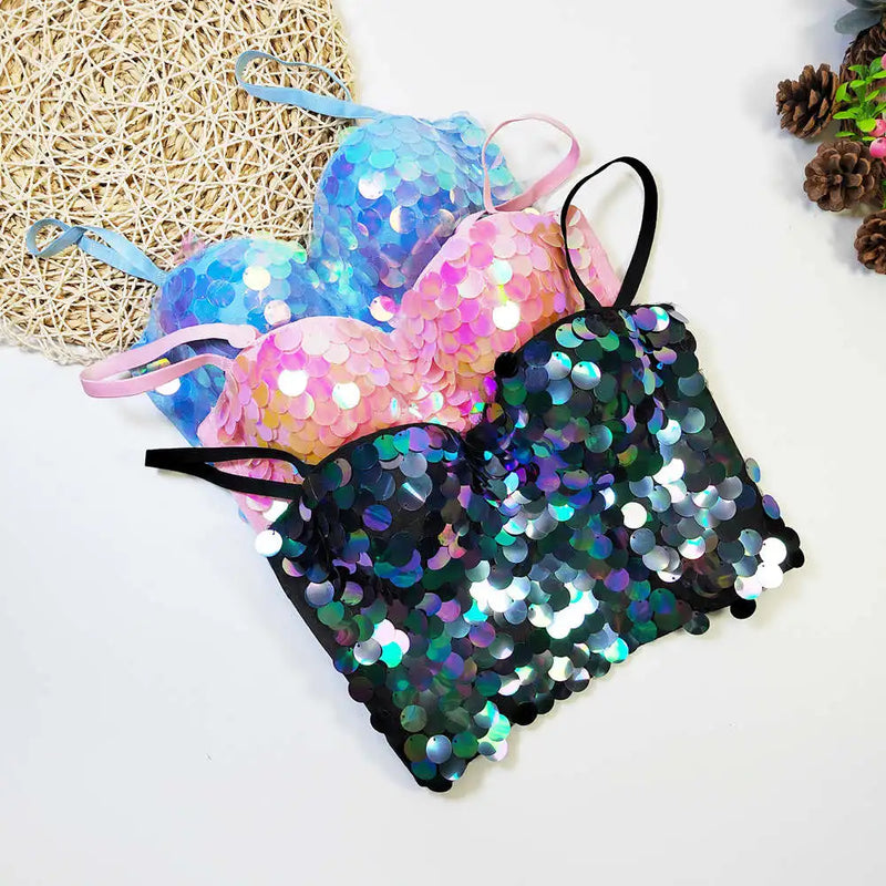 Sexy Corset Fish scale sequins Camisoles Shiny Dots Bustiers Bra Party Club Streetwear Lingerie Look Stage costumes