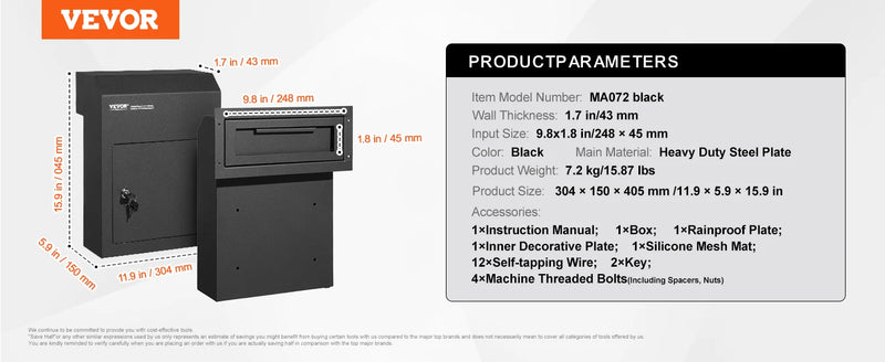 SucceBuy Through The Wall Drop Box, Heavy Duty Steel Through the Wall Mailbox with 2.8-7.9" 13" Combination Lock, Mail Drop Box