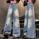 Girls Jeans Spring Autumn Cartoon Wide Leg Jeans for Teenage Kids Heavy Embroidery Star Loose Straight Leg Trousers for Children