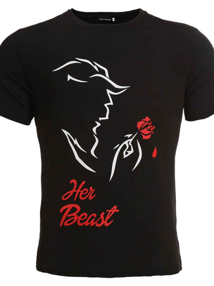 His Beauty Her Beast Print Couple T Shirt Short Sleeve O Neck Loose King Queen Tshirt Fashion Lovers Tee Shirt Tops Clothes