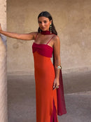 Fashion Women Color Blocking Scarf Collar Sling Dress Sexy Split Waist Cinching Bodycon Maxi Gowns 2026 Lady Club Party Vestidos