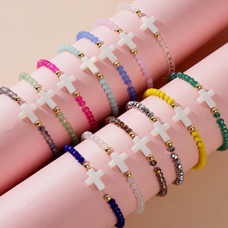 Go2boho Crystal Beaded Bracelets Healing Luck Shell Cross Boho Elastic Stretch Handmade Jewelry For Women Men Fashion Gifts