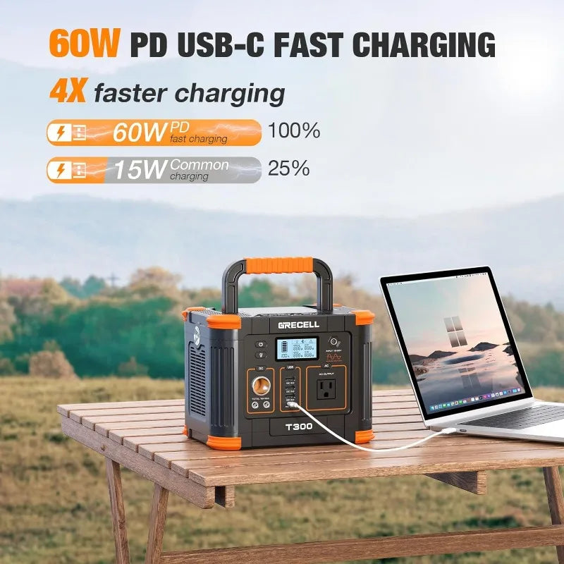 Portable Power Station 300W (Peak 600W), GRECELL 288Wh Solar Generator with 60W USB-C PD Output, 110V Pure Sine Wave AC Outlet